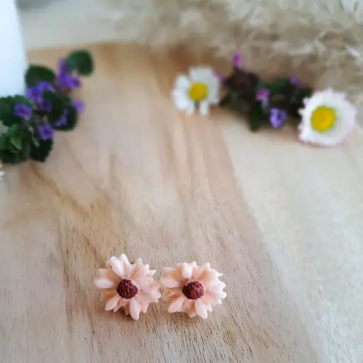 Puces d'oreilles " Mily beige coeur brun "  